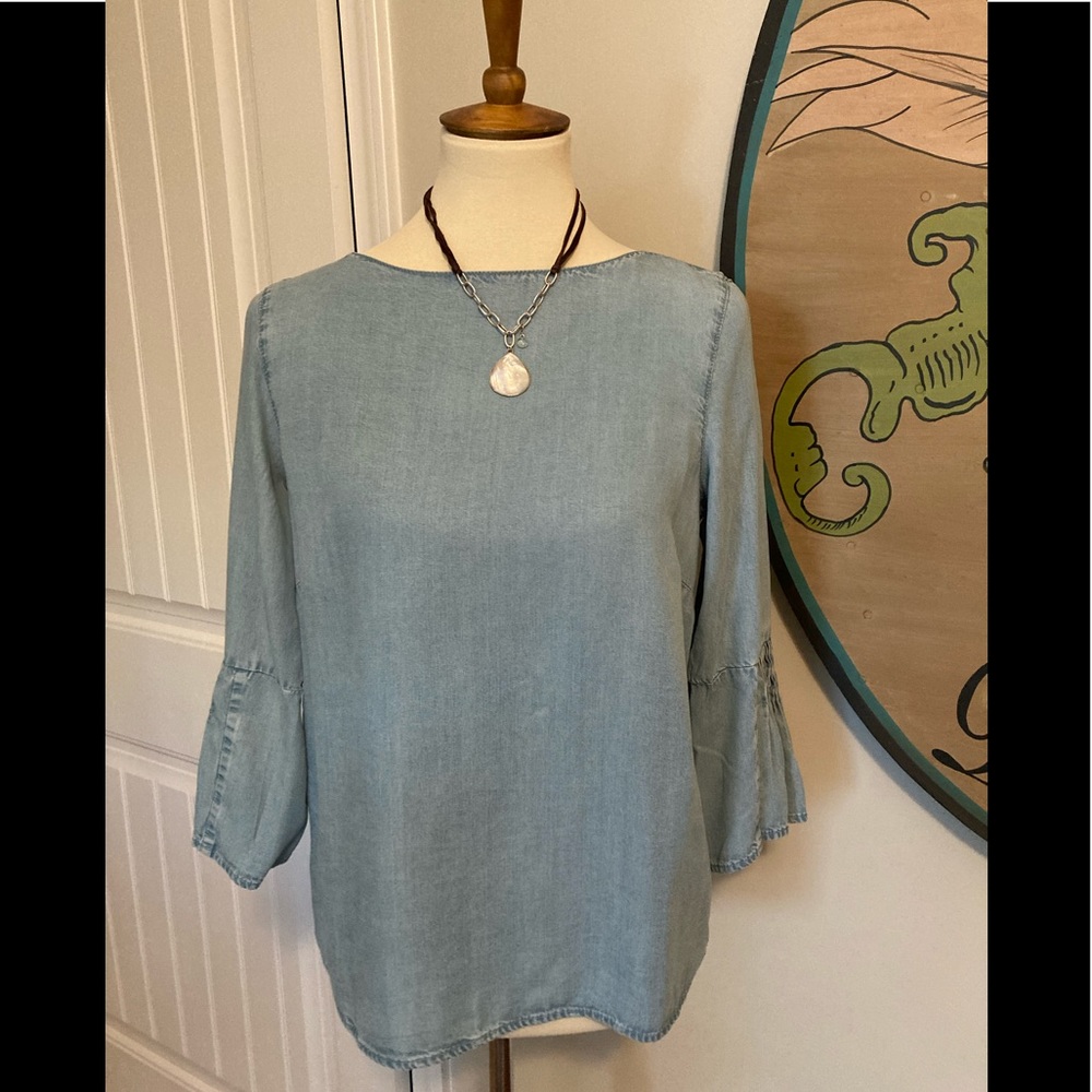 J Jill denim top with smocked sleeves